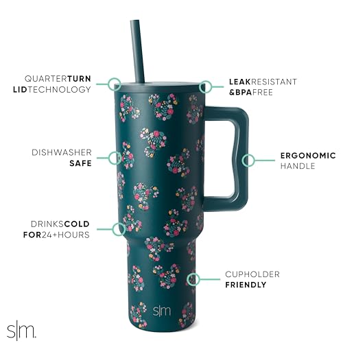 Simple Modern Disney 40 oz Tumbler with Handle and Straw Lid | Insulated Reusable Stainless Steel Water Bottle Travel Mug | Gifts for Women Her | Trek Collection | 40oz | Mickey Mouse Floral Riptide - Image 3