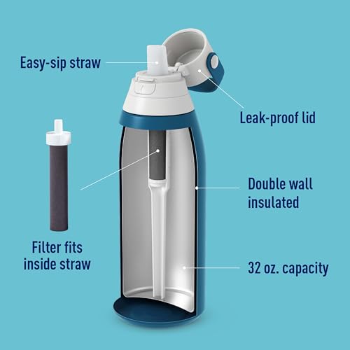 Brita Stainless Steel Premium Filtering Water Bottle, BPA-Free, Reusable, Insulated, Replaces 300 Plastic Water Bottles, Filter Lasts 2 Months or 40 Gallons, Includes 1 Filter, Marina - 32 oz. - Image 4