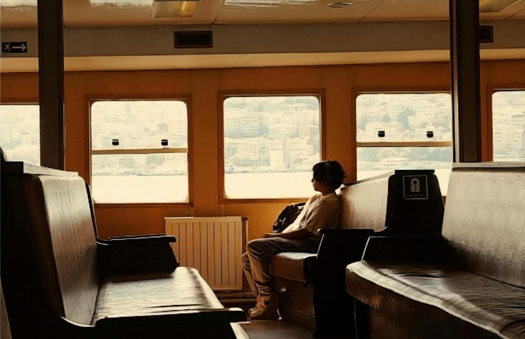 solitary reflection on a quiet ferry ride